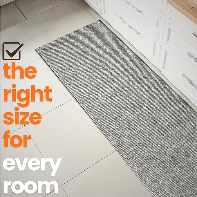 17ft Runner Rug by Custom Length - Striped Grey | Non-Slip Rubber Backed | Washable & Pet Friendly | No-Fray Edge Finished