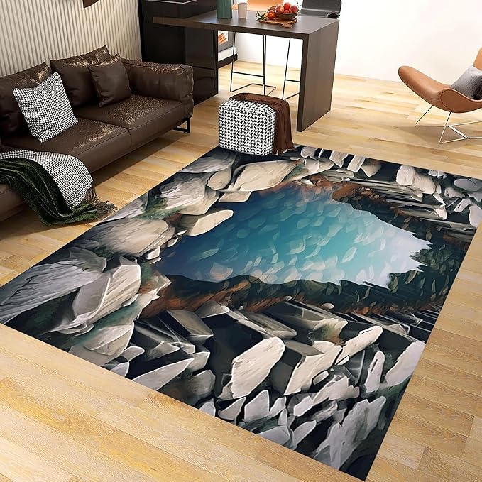 Visual Illusion Canyon Living Room Rug, 4x5ft, 3D Visual Effect Stream Indoor Throw Mat, Stone Crack Ultra Soft Home Decor Carpet, Thin Low Pile Machine Washable Rugs for Entrance