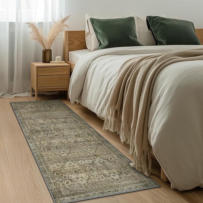 2x8 Runners Machine Washable Boho Rug for Hallway,Ultra-Thin Low Pile Rug,Lightweight Carpet,Non Slip Floral Runners for Enrtyway, Corridor, Home Office, Kitchen,Sage