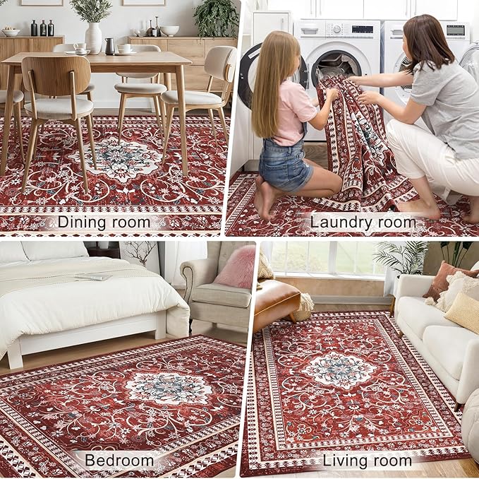 Luxury 5' x 7' Red Washable Area Rugs, Boho Low Pile Easy Clean Non-Slip Rug, Floral Medallion Pattern Vintage Rugs for Living Room, Dinning Room, Office, Bedroom, Bathroom, Laundry Room, Farmhouse