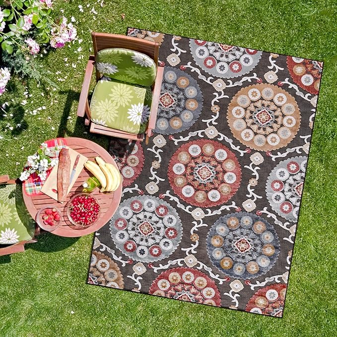 CAMILSON Indoor Outdoor Rug 6x9 Bohemian Medallion Floral Area Rugs for Indoor and Outdoor Patios Easy-Cleaning Non-Shedding Living Room Garden and Kitchen Washable Outside Carpet (6 x 9 / Brown)