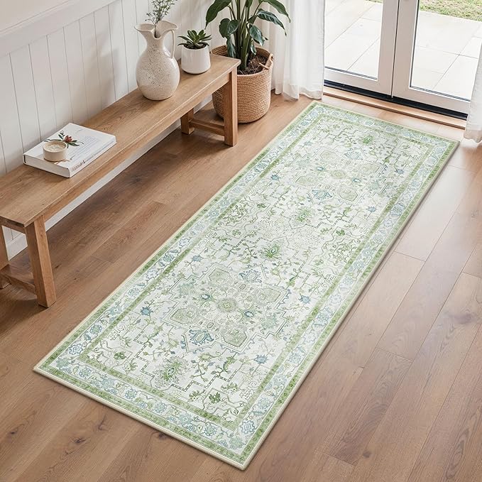 Runner Rug 2'6''x6 Non Slip Machine Washable Vintage Hallway Runner Rug, Low PileLight Weight Rugs for Entryway, Hallway, Kitchen and Corridor, Cream Green