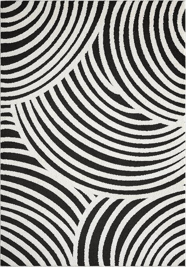 Abani Nomad Cream & Black Area Rug 4' x 6' for Living Room, Bedroom - Black Linear Curves Design - Durable & Easy to Clean