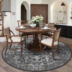6ft Round Washable Area Rugs for Living Room, Vintage Boho Large Rug for Bedroom Dining Room Office, Distressed Floral Print Carpet for Under Table, Soft Non Slip Low Pile Throw Indoor Mat, Black