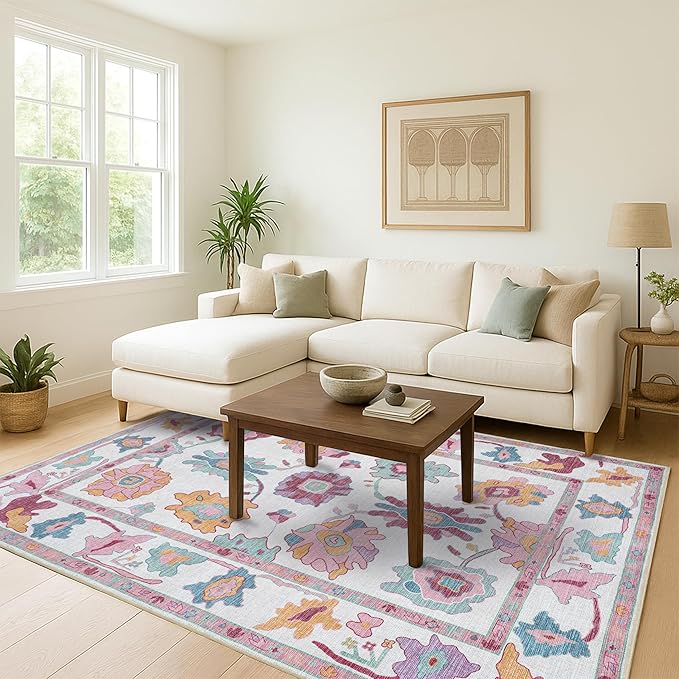 Fame Living Pink Oushak Runner Rug, Modern Runners, Vintage, Turkish, Eclectic, Floral, Pastel, Washable, Runner for Hallway, Kitchen, Bedroom, Bathroom, 2'5"x9'8"