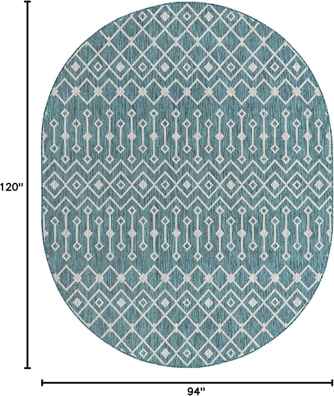 Unique Loom Outdoor Trellis Collection Area Rug - Tribal Trellis (7' 10" x 10' Oval, Teal/ Ivory)