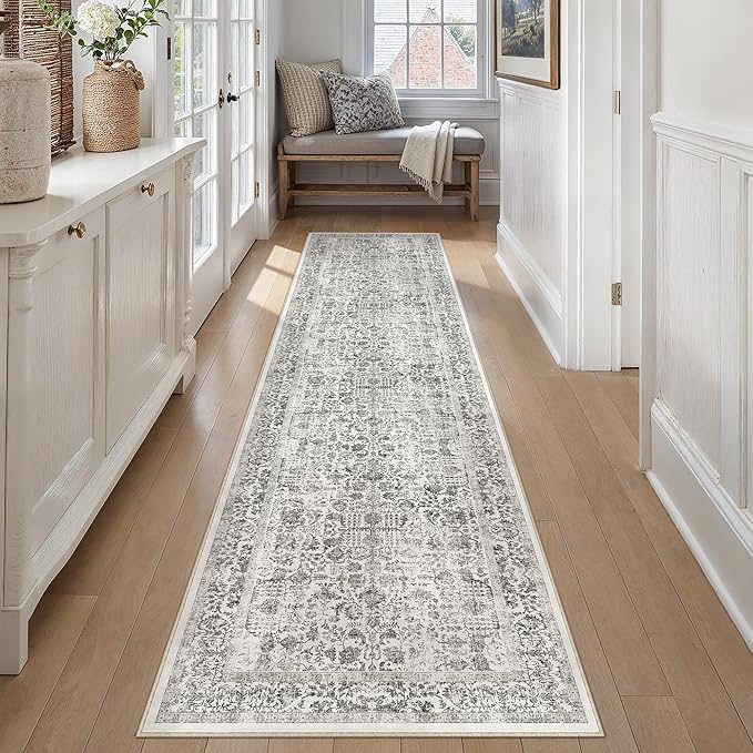 Black Runner Rug 2x14 Hallway Machine Washable Kitchen Vintage Distressed Non Slip Long Carpet Indoor Retro Floral Bedroom Accent Throw Rug for Bathroom Office Laundry Dining Living Room
