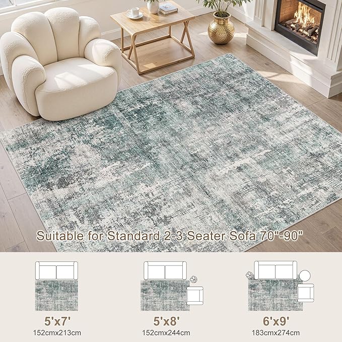 5x7 Area Rug Living Room Rugs - Washable Neutral Modern Abstract Soft Thin Large Rug Indoor Floor No Slip Rug Carpet for Bedroom Under Dining Table Home Office Decor - Green/Grey