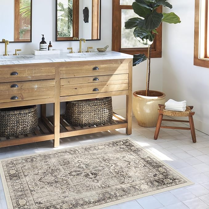 RUGGABLE Washable Vintage Area Rug – Kamran Hazel 4x6, Stain-Resistant, Non-Slip – Medium Machine Washable Rugs for Living Room, Bedroom, Hallway, Entryway & Office–with Standard Pad