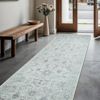GLN Rugs Traditional Collection - Machine Washable Area Rug, Traditional Washable, Non Slip, Low Pile Chenille Rug, Living Room, Bedroom, Kitchen Rug (2'6" x 10' Cream/Gray/Sea Salt)