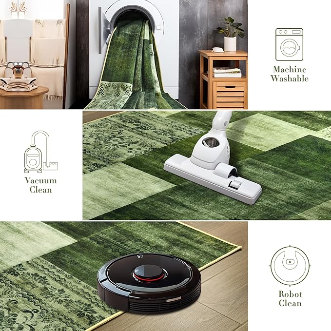 Tepook Modern Area Rug for Living Room, 5x7 Geometric Large Rugs for Bedroom, Washable Patchwork Rug Indoor Non-Slip Throw Carpets for Dining Room Office Farmhouse Home Decor, Green