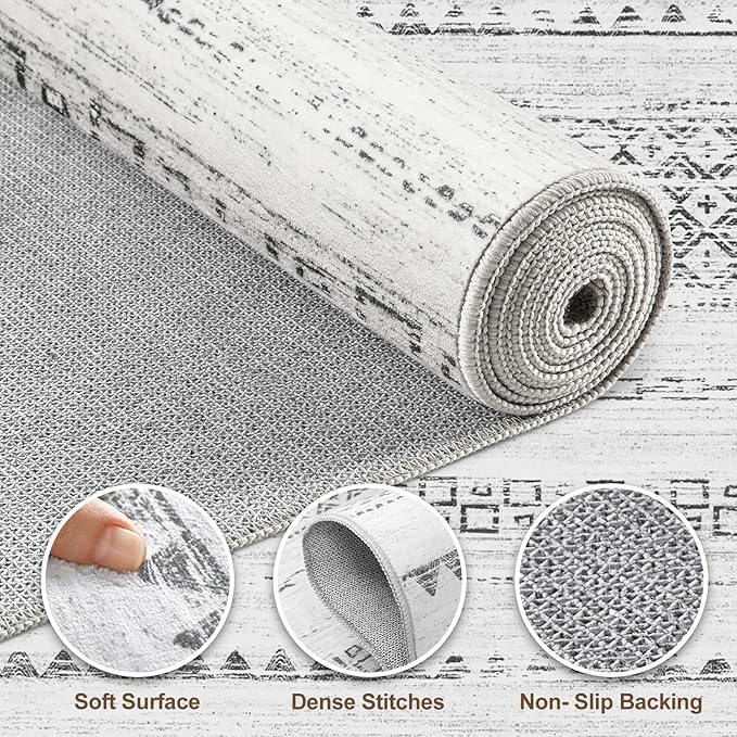Nakagishi Runner Rug Kitchen Washable Rugs: 3x8 Non-Slip Boho Soft Modern Stain Resistant Indoor Floor Neutral Farmhouse Throw Carpet for Hallway Bathroom Laundry Room Entryway Bedroom- Grey