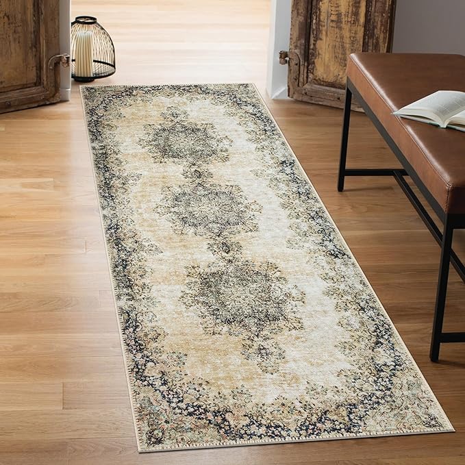 Keen Home Design 2x10 Rug - Machine Washable Runner Rug with Non-Slip Backing, Ideal for Hallway, Entryway, Kitchen, Laundry Room - Vintage, Easy Clean, Durable, Low Pile - (2'6" x 10')