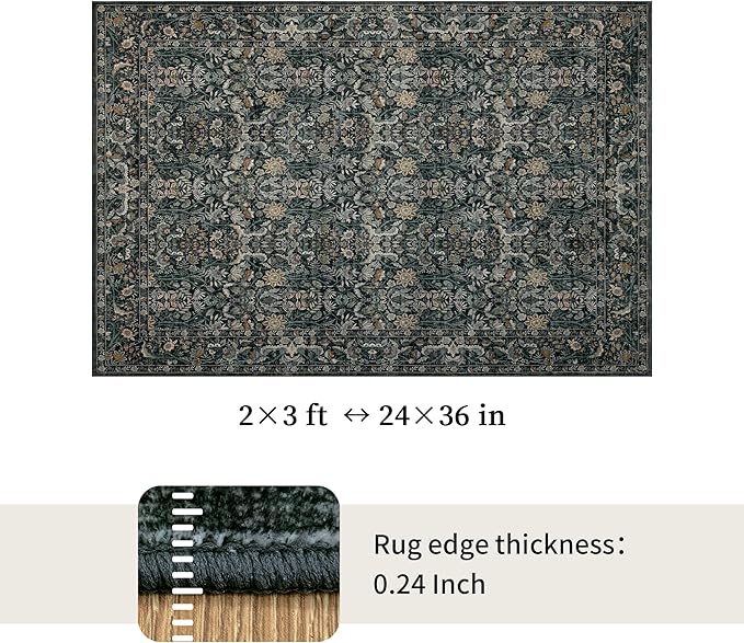 Small Rug 2x3 for Entryway: Boho Floral Door Mat Indoor Entrance Washable - Non-Slip Low Pile Thin Carpet Rugs for Kitchen Bathroom Front Door Laundry - Dark Green