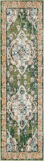 SAFAVIEH Monaco Collection Runner Rug - 2'2" x 6', Forest Green & Light Blue, Medallion Distressed Design, Non-Shedding & Easy Care, Ideal for High Traffic Areas in Living Room, Bedroom (MNC243F)