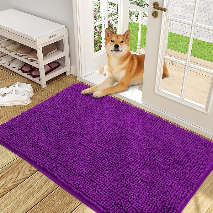 OLANLY Dog Door Mat for Muddy Paws 48x30, Absorbs Moisture and Dirt, Absorbent Non-Slip Washable Doormat, Quick Dry Chenille Mud Mat for Dogs, Entry Indoor Entryway Carpet for Inside Floor, Purple
