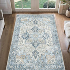 4x6 Area Rugs for Living Room, Machine Washable Rug, Non Slip Vintage Rugs, Low Pile Lightweight Print Rug for Bedroom, Dining Room, Home Office, Blue