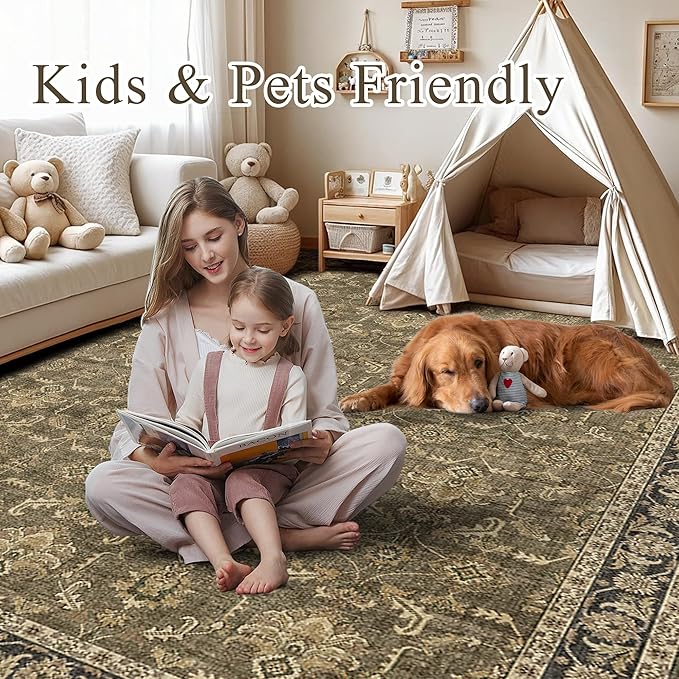 Washable Area Rug 6x9 Brown Rugs for Living Room, Vintage Boho Large Rug for Bedroom Dining Room Office, Distressed Floral Print Carpet for Under Table, Soft Non Slip Low Pile Throw Carpet Indoor Mat