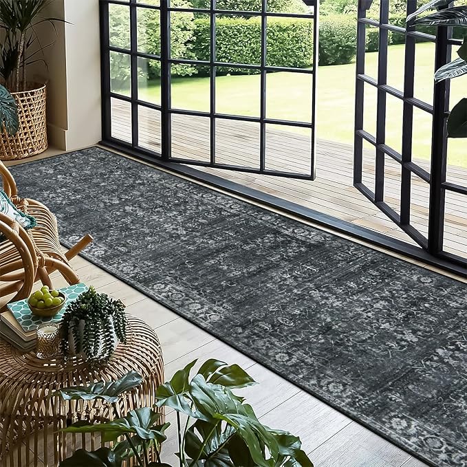 Morebes Black Vintage Carpet Runners for Hallway 12ft,Washable Long Runner Rug for Kitchen Indoor Floor Non-Slip,Distressed Super Soft Throw Carpet for Entryway Bathroom Dining Room Playroom
