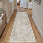 Taupe Runner Rug 2'6"x14' Washable Carpet for Hallway Kitchen Vintage Distressed Non Slip Indoor Retro Floral Bedroom Accent Throw Long Rug Bathroom Office Laundry Dining Living Room