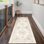 Runner Rug 2x8 Cream Hallway Washable Beige Carpet Non Slip Vintage Medallion Beige Carpet Low Pile Soft Distressed Retro Indoor Long Rug for Entryway Kitchen Bathroom Laundry Bedroom