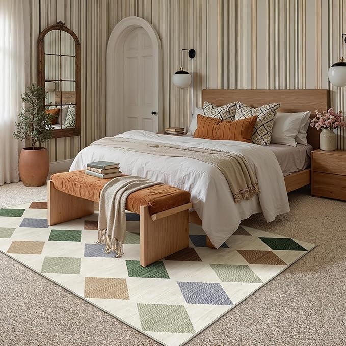 8x10 Checkered Area Rugs for Living Room Colorful Machine Washable Large Rug Non-Slip Stain Resistant Low Pile Boho Accent Indoor Throw Carpet for Bedroom Dining Room Home Aesthetic Decor