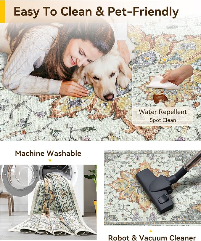 Area Rugs 4'x6' Washable Non-Slip, Floral Vintage Distress Print Pattern Medallion Carpet for Living Room Bedroom Dining Room, Light Yellow Carbon Grey Orange