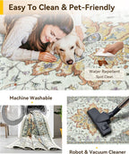 Area Rugs 6'x9' Washable Non-Slip, Floral Vintage Distress Print Pattern Medallion Carpet for Living Room Bedroom Dining Room, Light Yellow Carbon Grey Orange