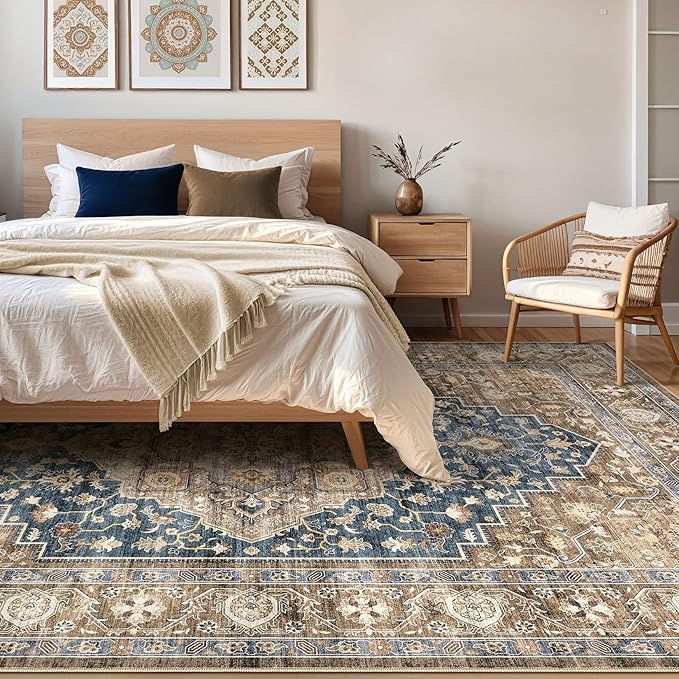 8x10 Area Rugs Living Room: Washable Boho Large Neutral Vintage Soft Rug Stain Resistant Farmhouse Non-Slip Indoor Floor Carpet for Bedroom Nursery Kids Office Dining Room Playroom- Yellow Blue