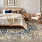 10x14 Area Rugs Living Room: Washable Boho Large Neutral Vintage Soft Rug Stain Resistant Farmhouse Non-Slip Indoor Floor Carpet for Bedroom Nursery Kids Office Dining Room Playroom- Yellow Blue