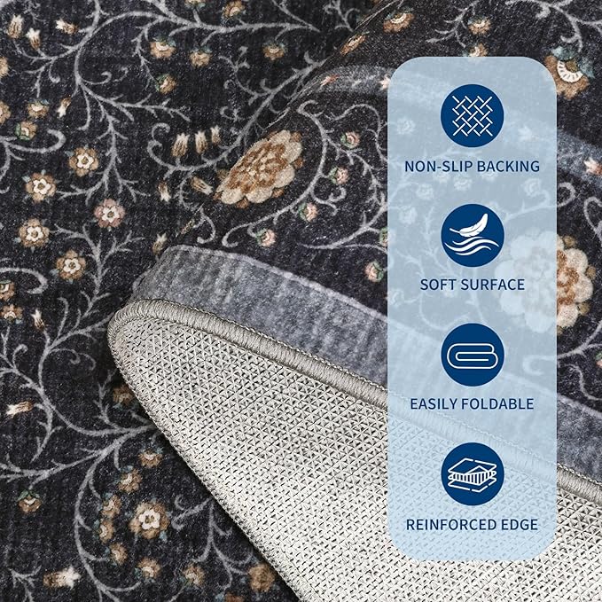 GarveeHome Boho 2x6 Runner Rug for Hallways Non Slip, Vintage Botanical Kitchen Rugs Washable Area Rug for Entryway Stain Resistant, Low Pile Soft Runner Blue Carpet for Bedroom Floor Laundry Room