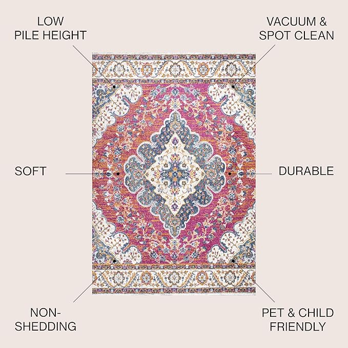 JONATHAN Y Boho Vintage Fuchsia/White Indoor Area Rug, 5x8, Bohemian Flair Medallion, Floral Easy-Cleaning High Traffic for Living Room, Bedroom, Kitchen, Pet-Friendly, Non-Shedding (BMF106C-5)