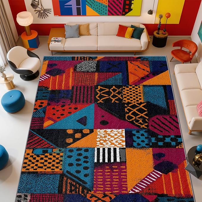 Patchwork Living Room Rug - Geometric Abstract Rug, 7x9 Area Rugs, Multicolor Retro Aesthetic Washable Foldable Large Carpet Home Decor #C024