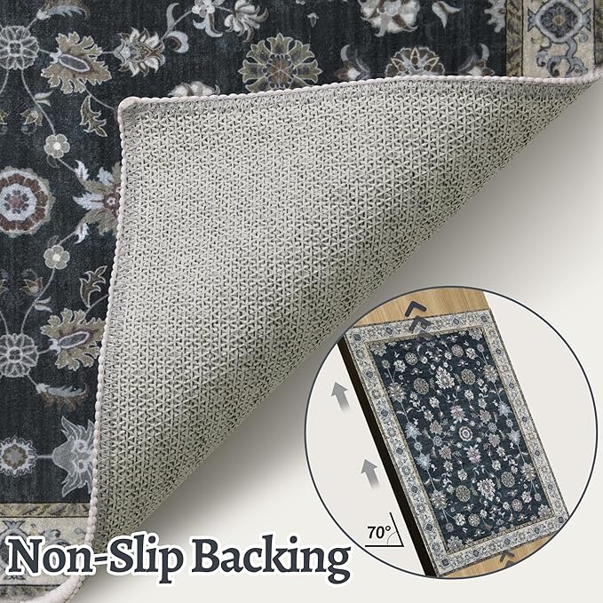 Tangsoo Black 2x5 Rug Runner, Washable Runner Rug for Hallways Non Slip, Floral Vintage Soft Low Pile Rugs Runner, Print Carpet Runners for Kitchen Bedroom Entryway Bathroom Living Room