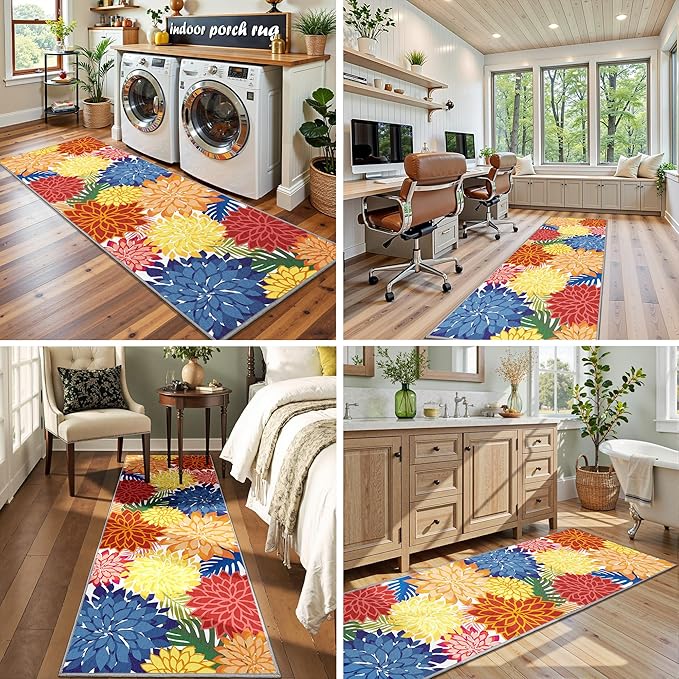 Colorful 2x6 Washable Runner Rug for Hallway Tropical Botanical Modern Floral Chenille Kitchen Rugs Low Pile Non Slip Carpet for Patio, Bedroom, Laundry, Rainbow