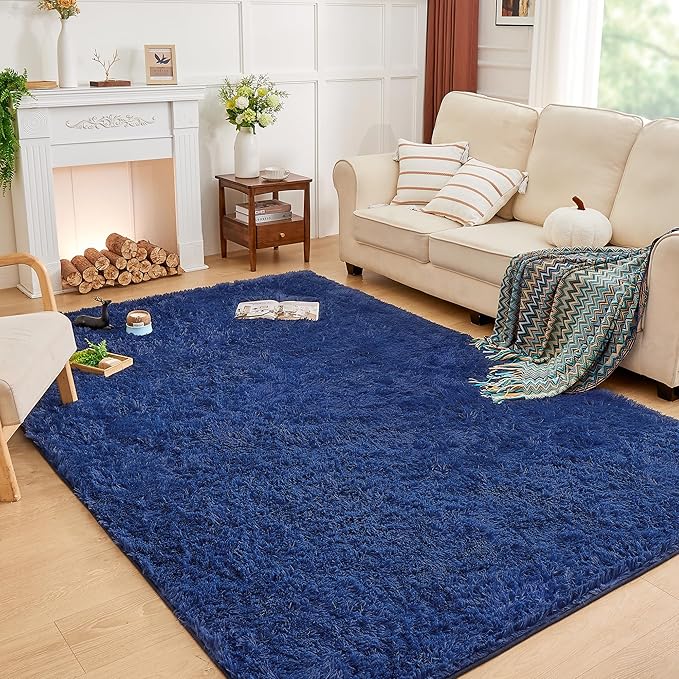 Andency Navy Soft Area Rugs for Living Room Bedroom, 3x5 Non-Slip Fluffy Shag Carpet, Indoor Floor Fuzzy Shaggy Living Room Plush Rug for Kids Dorm Nursery Home Decor Aesthetic