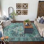 Moynesa Ultra-Thin Washable Vintage Area Rug - 6x9 Teal Large Dining Room Rug for Bedroom, Non-Shed Living Room Mat, Indoor Oriental Medallion Hardwood Floor Carpet for Office Home Decor