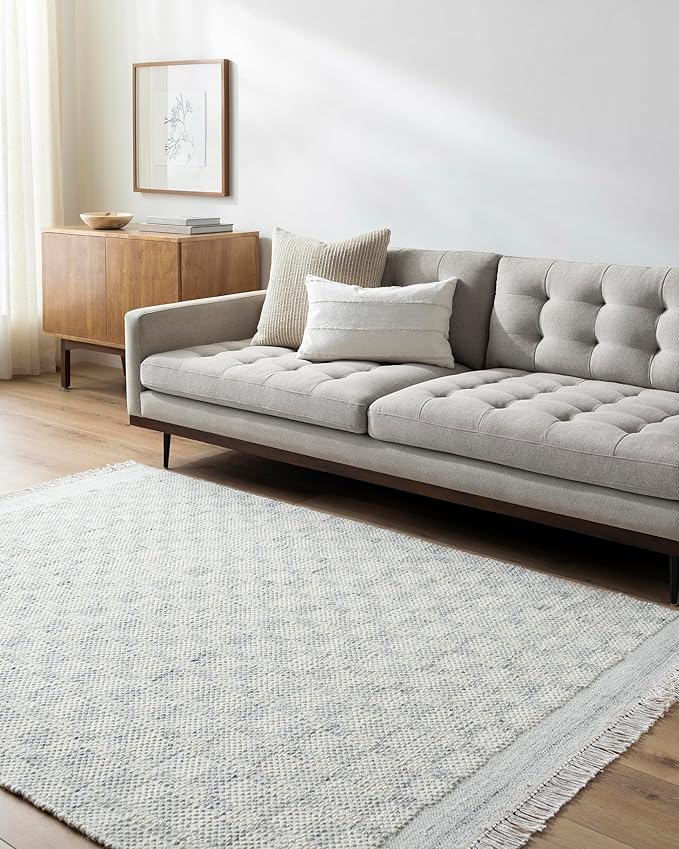 Mark&Day Wool Rugs, 2x8 Clinten Solid and Border Light Slate Runner Checkered Rug, Cream Grey Carpet for Hallway, Kitchen, Bedroom or Living Room (2'6" x 8' Runner)