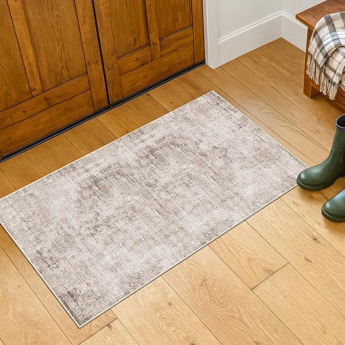 Light Brown 2x4 Runner Rug for Entryway Indoor, Kitchen Floor Waterproof, Bathroom, Powder Room, Washable Non Slip Low Pile Stain & Fade Resistant, Modern Eclectic Tan Décor