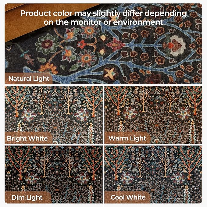 Kokia Boho Vintage Floral Area Rugs, Washable Oriental Botanical Rugs for Living Room, Bedroom, Dining Room, Office, Soft Indoor Area Rug, Wild Black，6x9