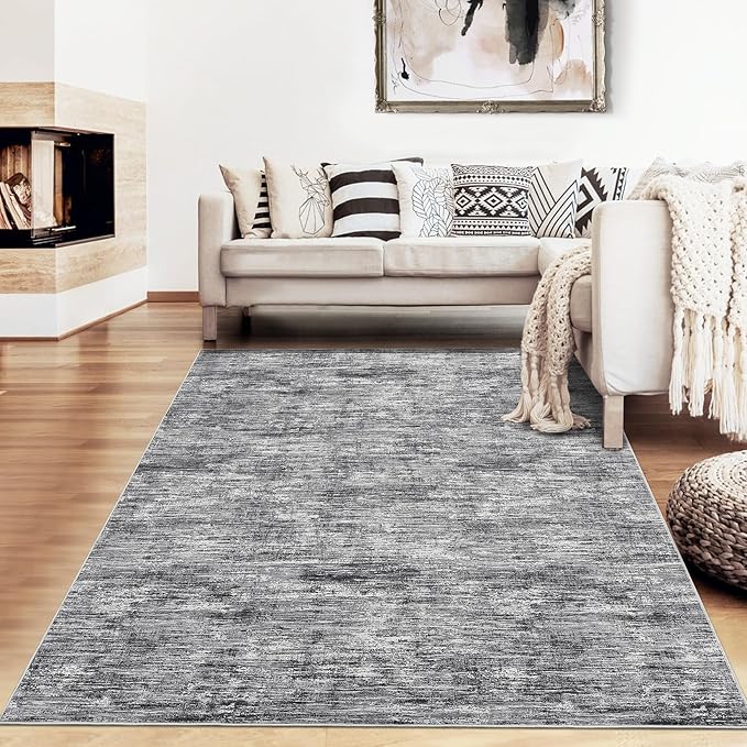 RUGSREAL Living Room Area Rug 9x12 Machine Washable Rug Non-Slip Stain Resistant Modern Abstract Bedropm Rug Contemporary Accent Floor Carpet for Dining Room Solid Area Rug for Home Office, Ivory/Grey