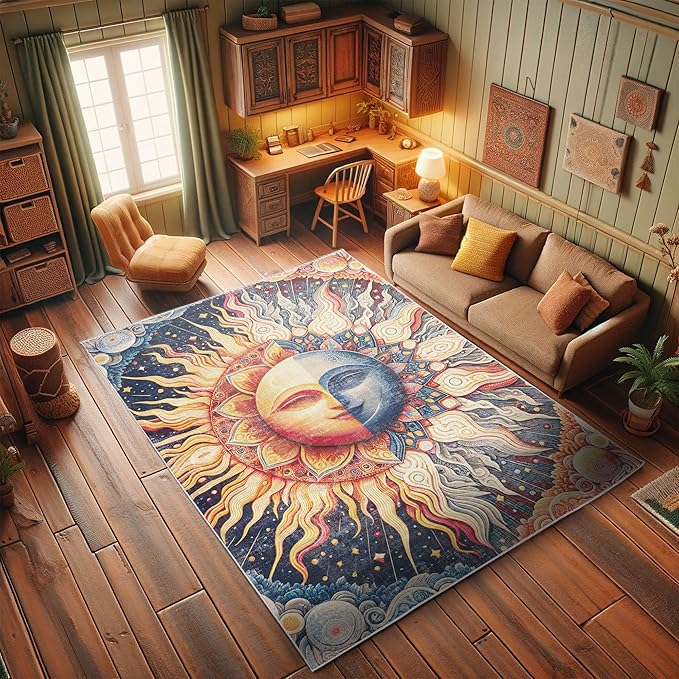 Ambesonne Sun and Moon Decorative Rug, Modern Esoteric Celestial Lunar Motif with Boho Paisley Details, Quality Carpet for Bedroom Dorm and Living Room, 2' 2" x 3' 7", Pale Orange Indigo Beige
