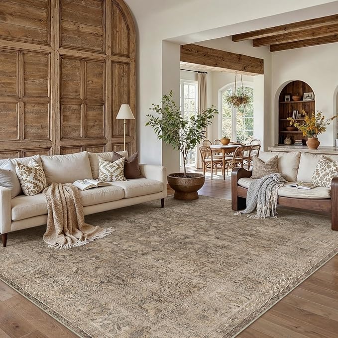 8x10 Rust Brown Washable Area Rug for Living Room Bedroom Neutral Soft Non Slip Rug Low Pile Vintage Distressed Carpet for Dining Room Nursery Office