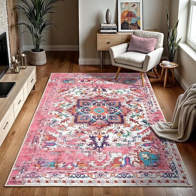 GLN Rugs Traditional Collection - Machine Washable Area Rug, Traditional Washable, Non Slip, Low Pile Chenille Rug, Living Room, Bedroom, Kitchen Rug (5' x 7' Pink/Multicolor)