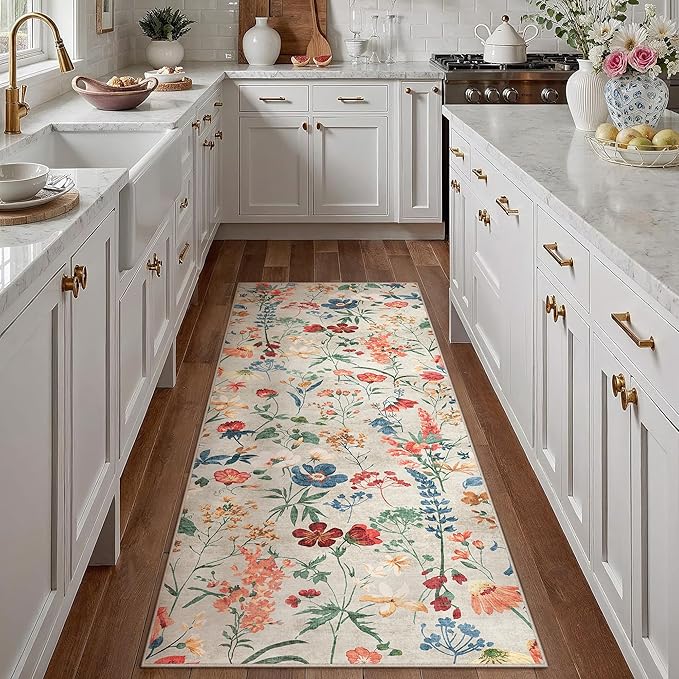 Floral Runner Rug 2x5 Washable Hallway Long Beige Bedroom Carpet Non Slip Indoor Boho Kitchen Low Pile Accent Rug Lightweight Soft for Bathroom Dining Laundry Living Room