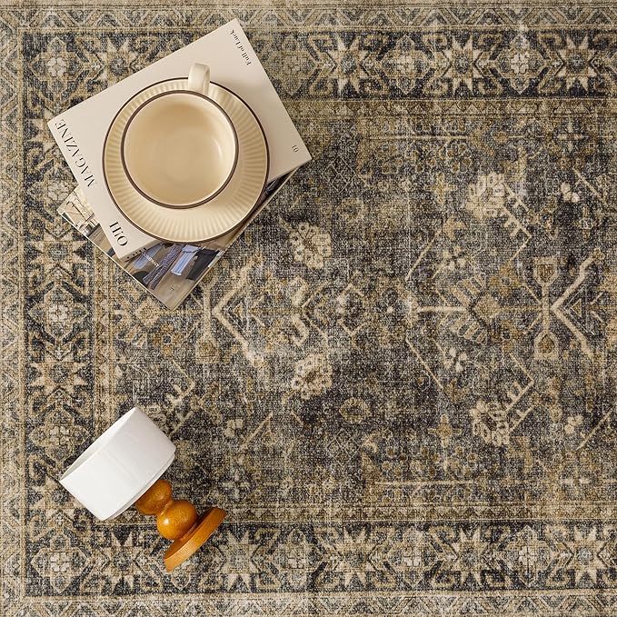 4x6 Brown Black Area Rug Washable Vintage Distressed Office Carpet Low Pile Entryway Non Slip Indoor Soft Retro Entrance Throw Accent Rug for Kitchen Bathroom Bedroom Dining Living Room