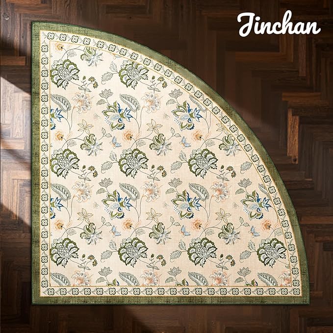 jinchan Elora Floral Corner Rug for Living Room Washable Bedroom Rug Vintage Romance Design Non Slip Quarter Circle Lightweight Low-Pile Throw Carpet for Reading Nook Playroom,7ft Radius, Green/Beige