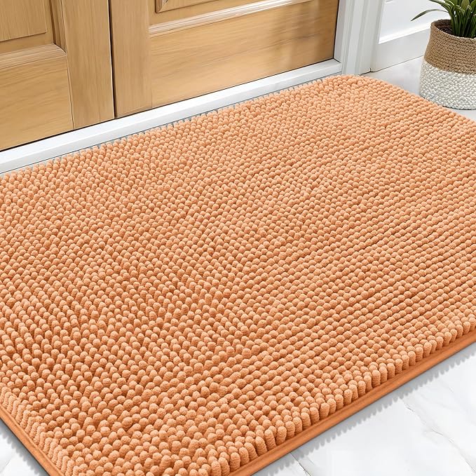 OLANLY Dog Door Mat for Muddy Paws 30x20, Absorbs Moisture and Dirt, Absorbent Non-Slip Washable Doormat, Quick Dry Chenille Mud Mat for Dogs, Entry Indoor Entryway Carpet for Inside Floor, Orange