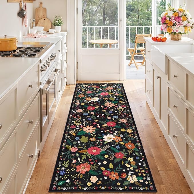 Rug Runners 2x6, Floral Washable Kitchen Rugs for Hallways Area Rugs, Non Slip Long Rug Low Pile Entrance Doormat, Flower Carpet for Kitchen, Entryway Indoor, Bedroom, Bathroom, Laundry, Black