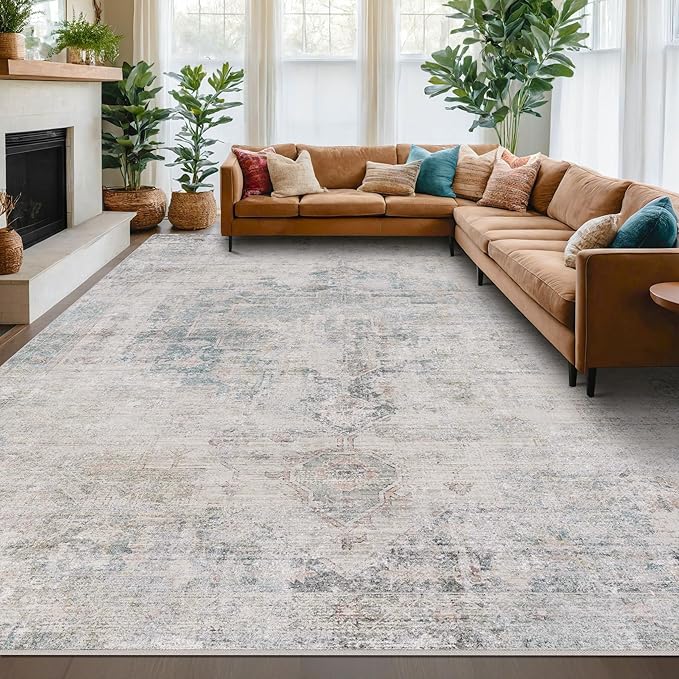 Modern Farmhouse Area Rug for Living Room - 10x14 Blue Gray Big Rug for Dining Room Table, Lightweight Foldable Low Pile Washable